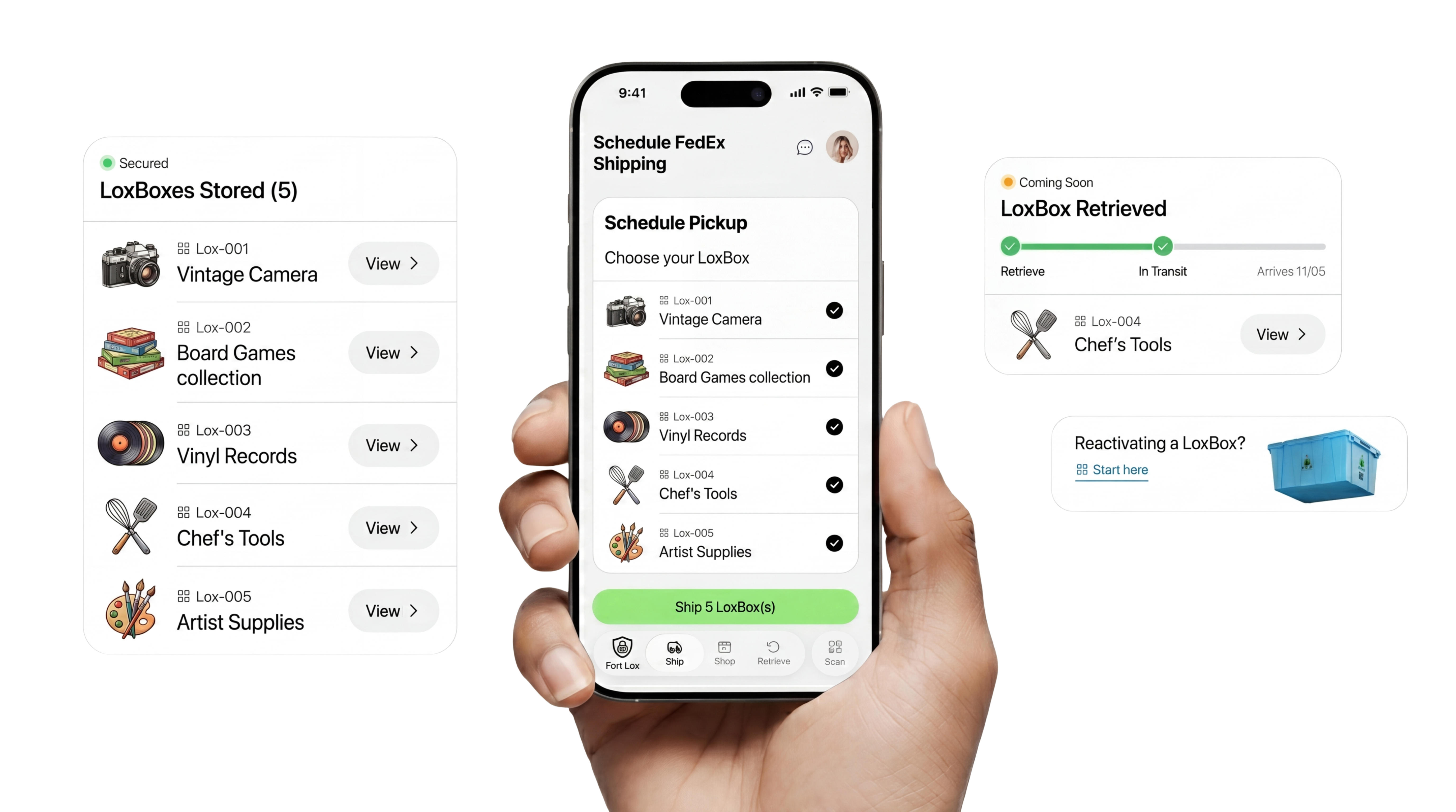 Fort Lox app interface preview showing box storage, shipping, and retrieval screens